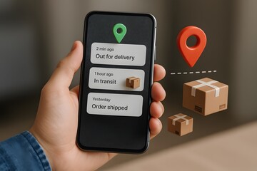 Smartphone App showing parcel tracking for the concept of E-commerce service.
