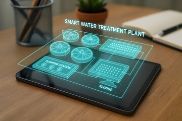 Smart Water Treatment Plant using a tablet for the concept of Technology and environmental science.