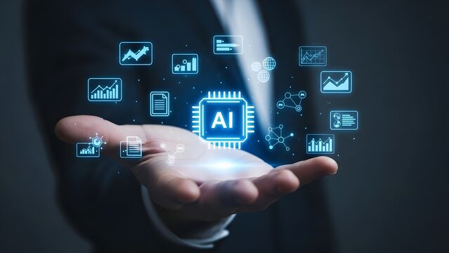 Hand presenting a glowing AI chip surrounded by digital icons representing data and analytics