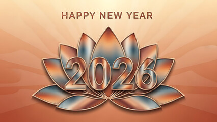 Happy new year greeting card with metallic numbers and lotus flower on an orange background silhouette