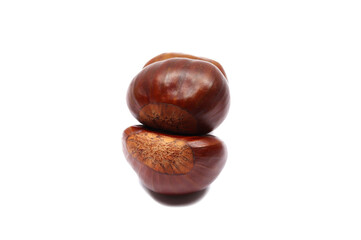 Two fresh raw chestnuts isolated on a white background
