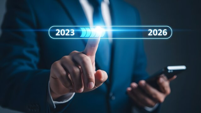Person touching progress bar indicating transition from 2023 to 2026 with futuristic glow