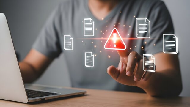 Person touching screen displaying document icons and a warning symbol file data