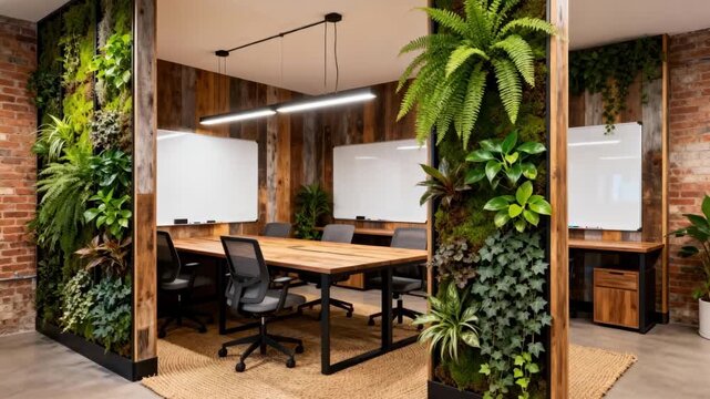 Medium shot focusing on a collaborative workspace framed by living plant installations and natural textures emphasizing sustainable and ecofriendly design principles.