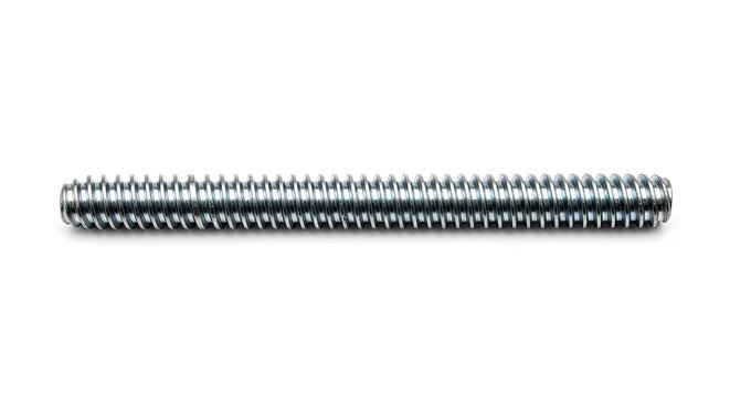 Close-up of a metallic threaded rod on a white background.