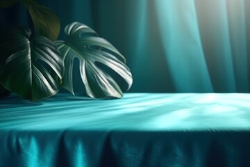 A blue podium in sunlight against a background of blue fabric drapery and tropical leaves. For advertising fashion, cosmetic product, medicine