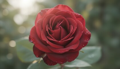 A vibrant red rose in a garden capturing themes of romance beauty and emotional symbolism during a gentle sunrise