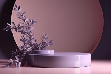 Glossy lavender purple round podium on table