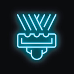 Blue neon icon of a sprinkler system watering the ground on a black background