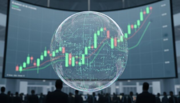 Bubble floating inside stock exchange hall with market chart in background illustrating concept of financial bubbles economy speculation and investment risk - Powered by Adobe