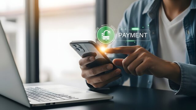 Person Using Smartphone for Mobile Payment with Payment Icon and Currency Symbol online
