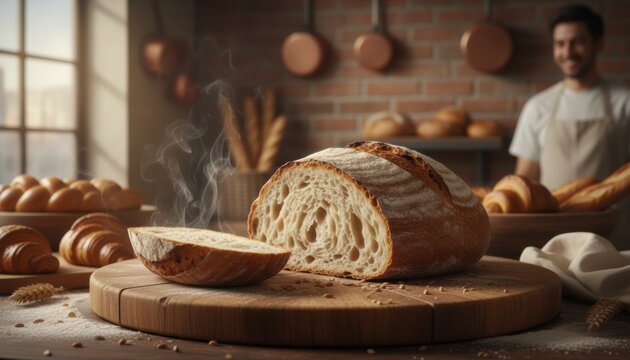 A fresh loaf of artisan bread steaming in a rustic bakery representing tradition craftsmanship and warm homemade flavor - Powered by Adobe
