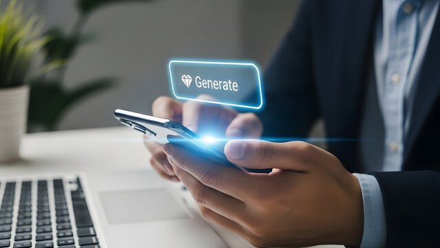 Person using smartphone to generate content with glowing diamond icon and text mobile technology - Powered by Adobe