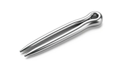 Stainless steel tuning fork on a white background.