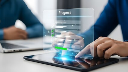 Person using tablet to track project progress with checklist and loading bar digital