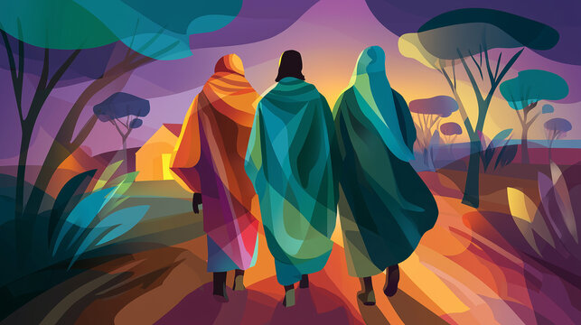 Road to Emmaus walk, travelers with stranger, scriptures explained, warm village ahead, hearts burning, with copy space