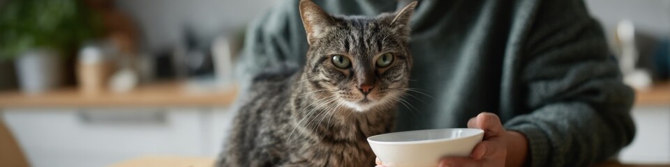 Tabby cat waiting for milk in bright kitchen with human companion