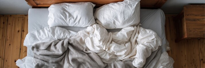 Cozy unmade bed with pillows and blankets in rustic bedroom setting