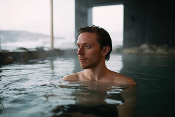 Young caucasian male relaxing in indoor hot spring pool