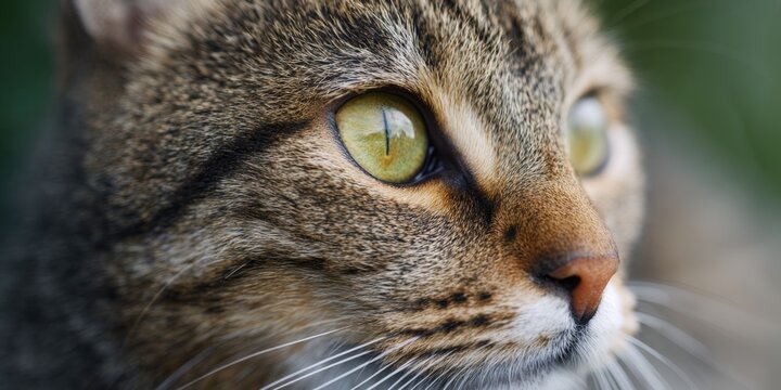 Close-up of tabby cat's face with focused bright green eyes