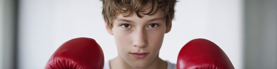 Young caucasian teen male boxer with red gloves focused and determined