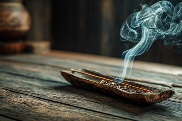 Incense burning on wooden holder creates calming atmosphere in a rustic setting during daylight hours