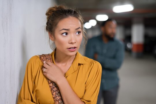 Worried young asian female in parking garage with male in background