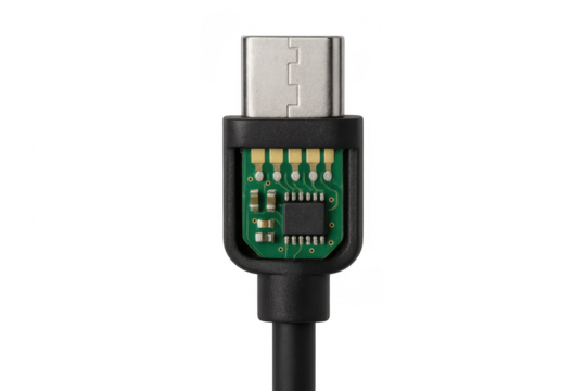 Usb-c cable connector showing internal circuit board technology