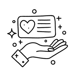 Hand-drawn open hand offering a heart card with sparkles in black and white line art, symbolizing kindness and giving
