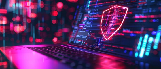 Laptop with holographic cybersecurity shield on glowing digital interface. Concept of data protection, online security, encryption, and cyber defense technology.
