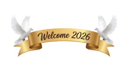 Welcome 2026 banner with doves golden ribbon design for holiday celebration isolated on white background