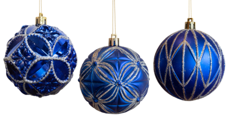 Three blue Christmas ornaments with silver trim