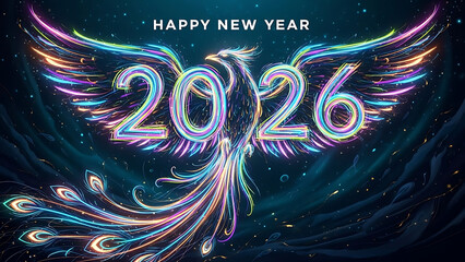 A glowing phoenix made of light forming the year two thousand twenty six with happy new year above it silhouette