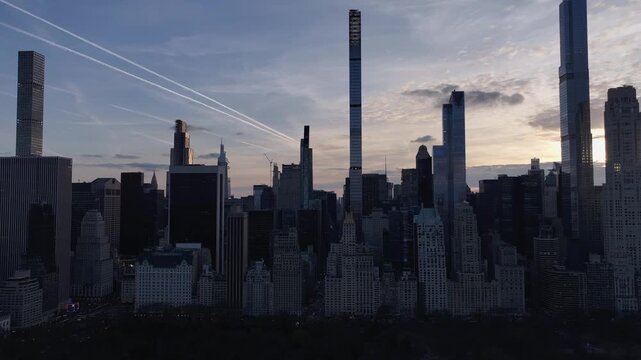 Aerial view of Central Park South skyscrapers, United States.