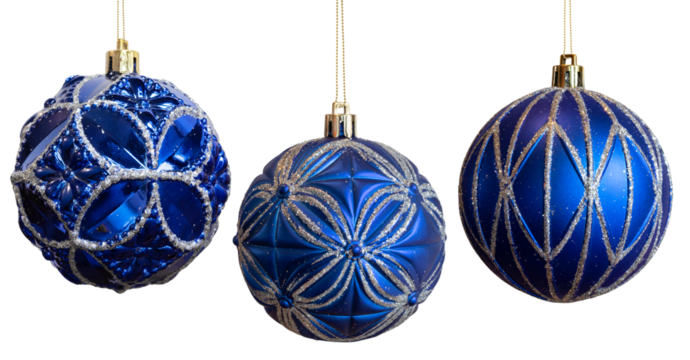 Three blue Christmas ornaments with silver trim