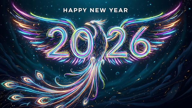 A glowing phoenix made of light forming the year two thousand twenty six with happy new year above it silhouette