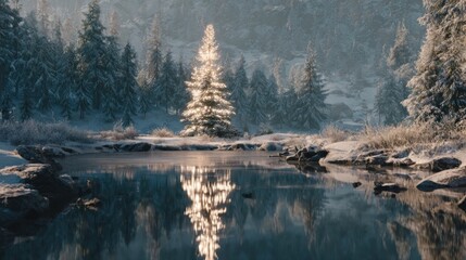 Christmas tree reflected in frozen pond,