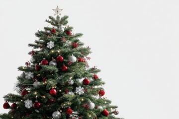 Decorated Christmas tree with red and silver ornaments