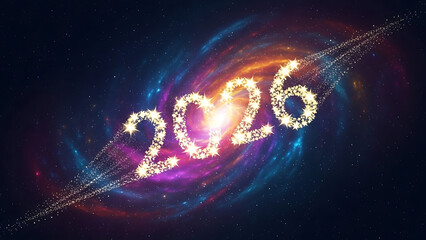 Starry year of twenty twenty six against a colorful nebula in a dark cosmic background silhouette