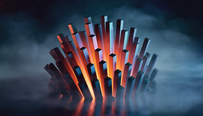 Sharp, abstract, 3D rendered illustration of a burning, scary skull in black and red art