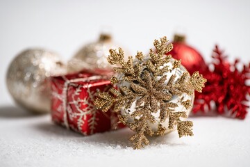 Golden snowflake ornament with Christmas gifts and baubles