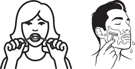 Monochrome Line Art Illustrations of Dental Hygiene and Male Grooming