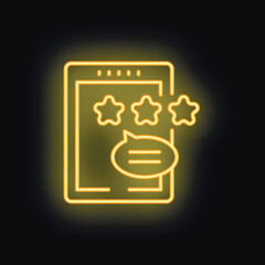 Yellow neon icon of smartphone with five stars rating, feedback, comment, message notification on the screen