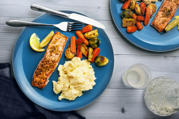 Overhead View of Salmon, Mashed Potatoes, and Roasted Brussels Sprouts