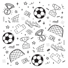 hand-drawn soccer pattern featuring footballs, goals, trophies, medals, cleats, and sporty doodles on a white background.
