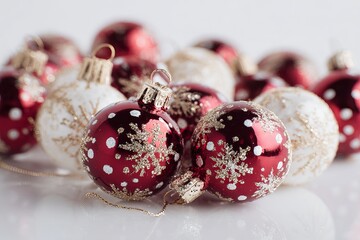 Red and white Christmas baubles with gold glitter snowflakes