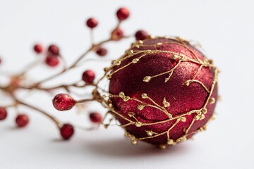 Red Christmas ornament with gold glitter branches / Close-up of decorative red bauble