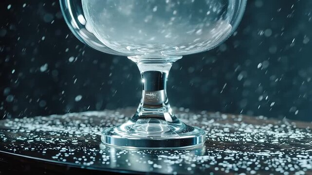 Cinematic glass goblet with falling snow particles, elegant crystal stemware on dark background, winter holiday celebration atmosphere
