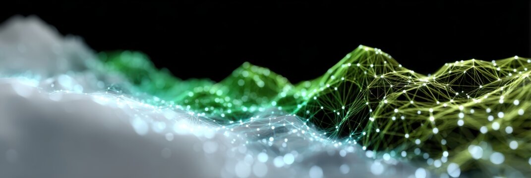 futuristic mountain wireframe, a captivating d web banner features a glowing wireframe mountain range with pulsing light, paired with a sleek glass panel for text - Powered by Adobe