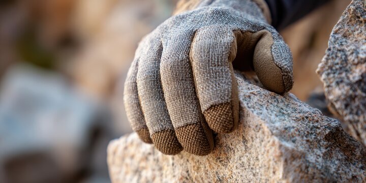 rock climbing hand grip, close-up of a textured glove gripping a rock, with the background softly blurred, suggesting a climbing scenario
